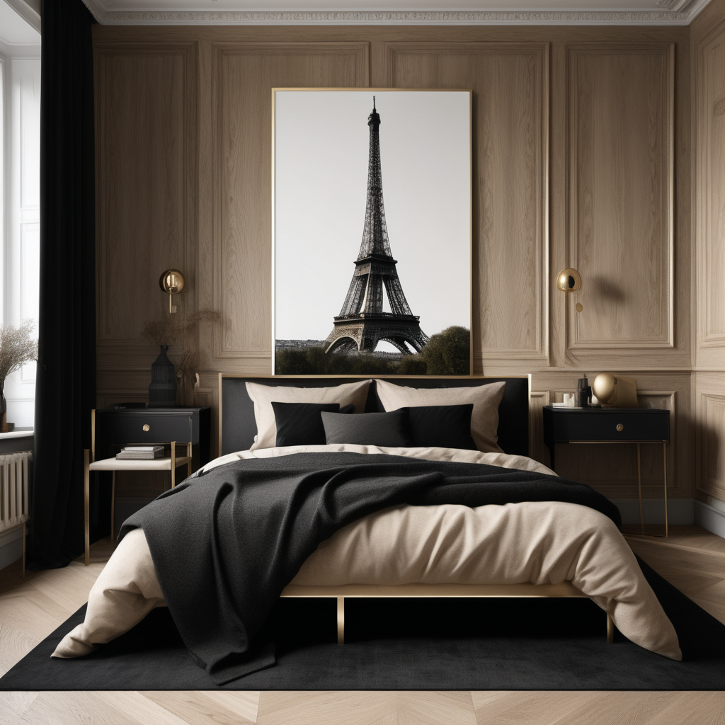 a hyperrealistic image of a  Modern Parisian in a beige oak brass and black colour palette
