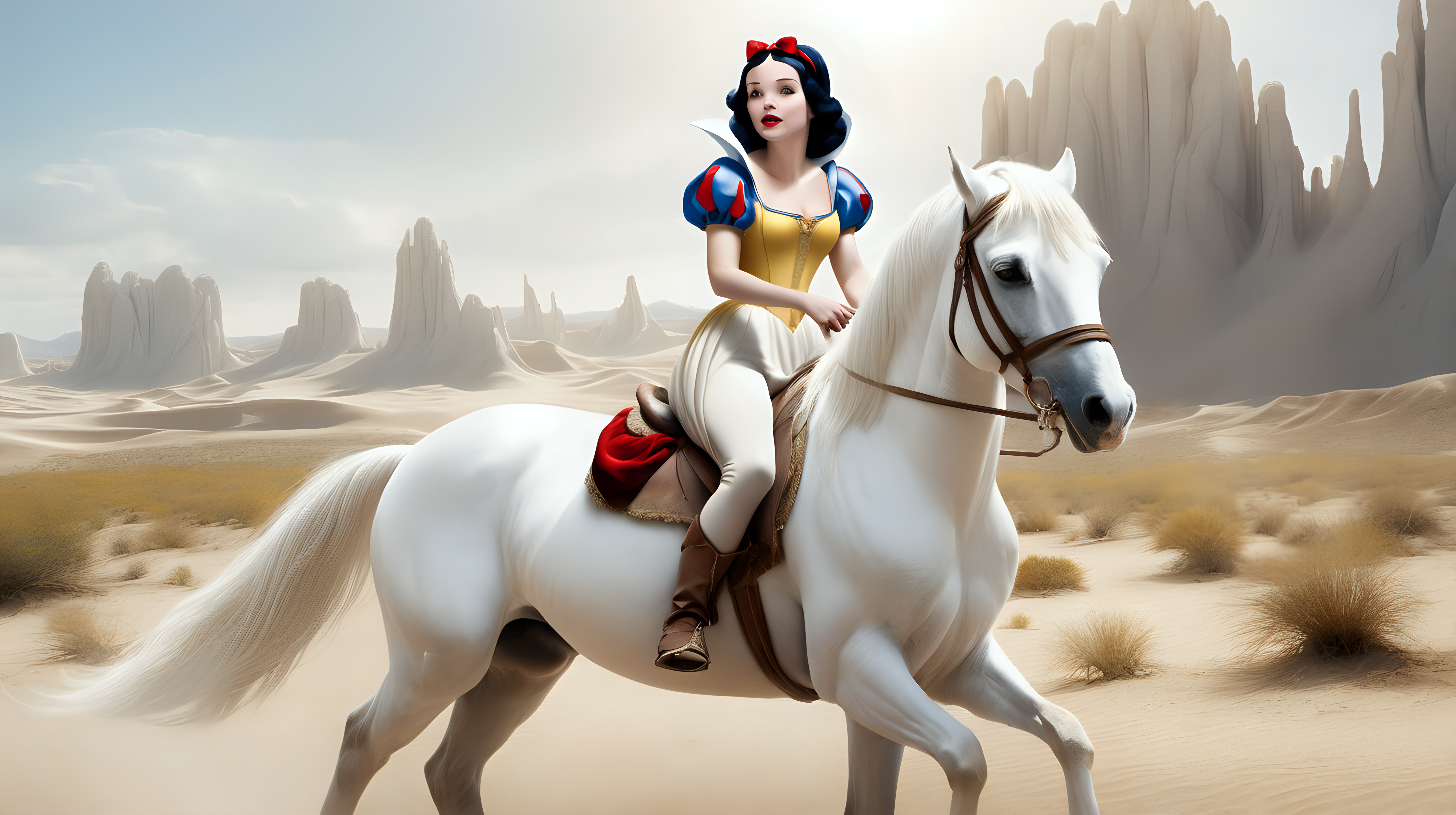 Snow White riding a white horse in the desert