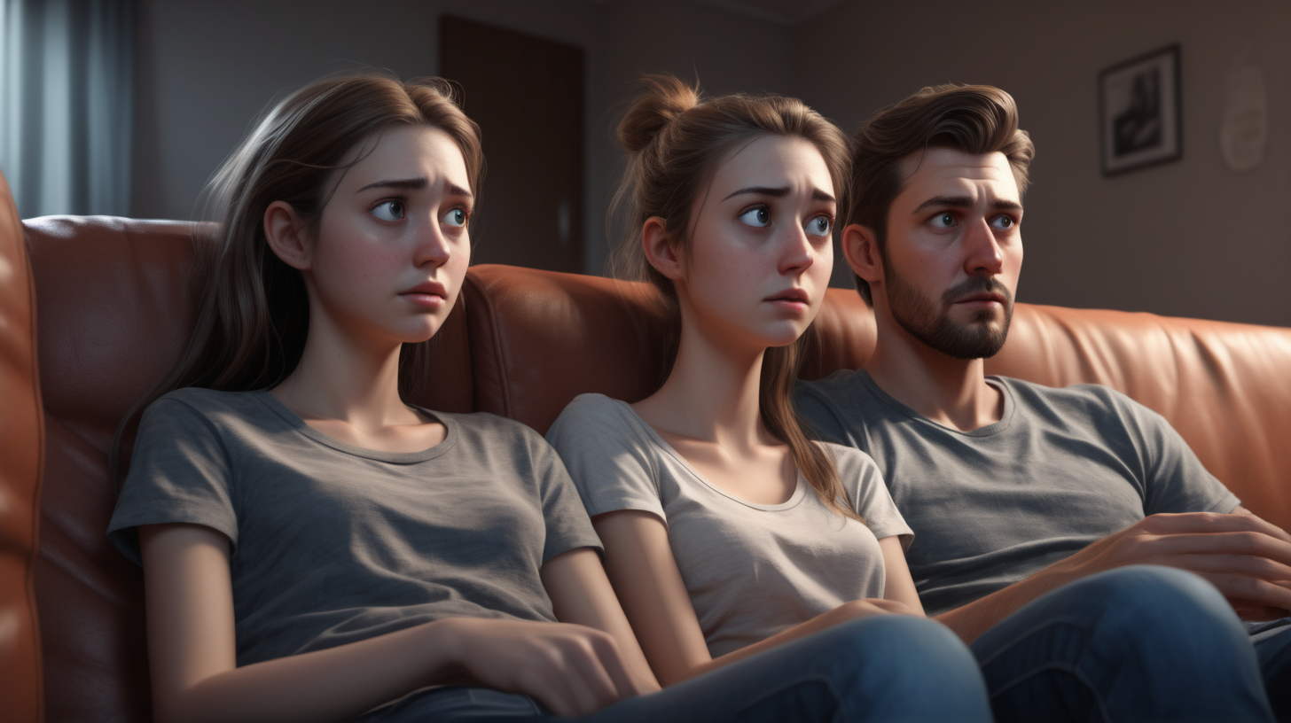 /imagine prompt: realistic, personality: [Illustrate two people. the guy and his girlfriend watching movie in the living. The two look worried. unreal engine, hyper real --q 2 --v 5.2 --ar 16:9