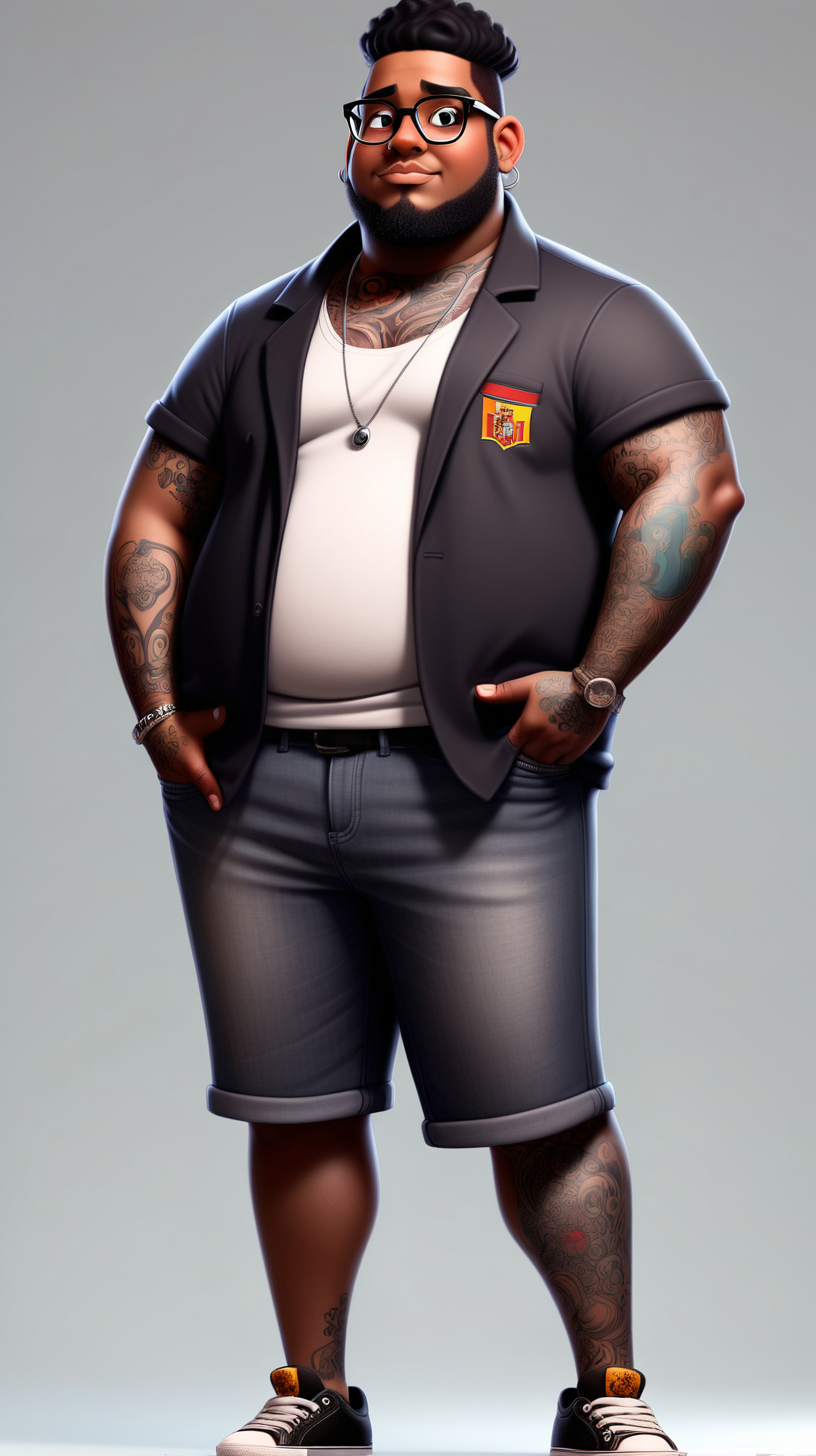 Full body Spanish Black tall curvy man. ghetto nerd with no glasses, has tattoos. loves anime