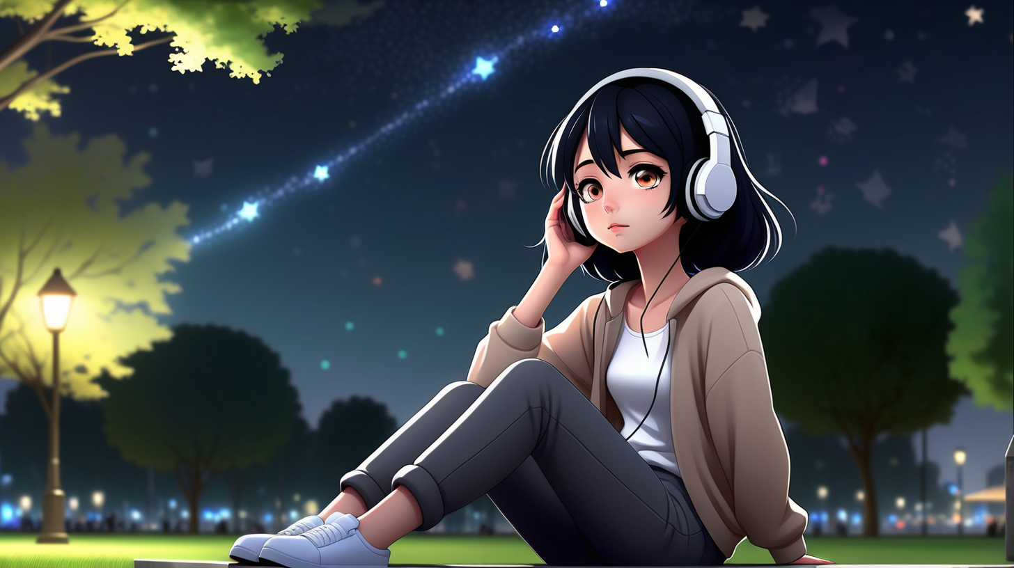 Late one night, young anime girl is sitting relaxed in the park, using a headset,, black hair, modern clothes, background with a beautiful night sky with lots of stars, simple full color, high quality, lively eyes, dark, gloomy, dark color, natural eyes, hd, hyper realistic,