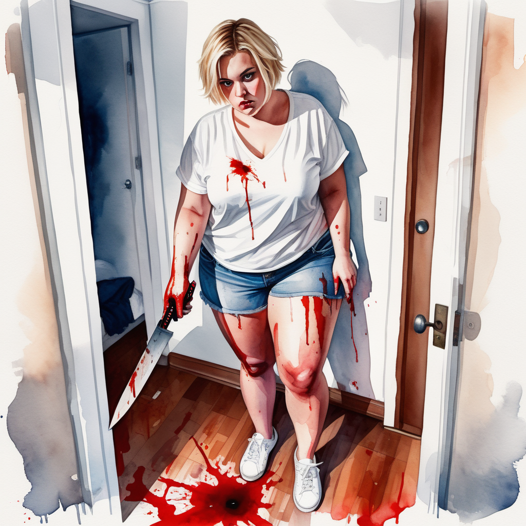 sexy pov image from top, plus size curvy blonde woman, short hair in a white shirt and denim shorts and white tennis shoes with a knife  in her bloody hand in in an apartment room, image based in watercolor paint art.