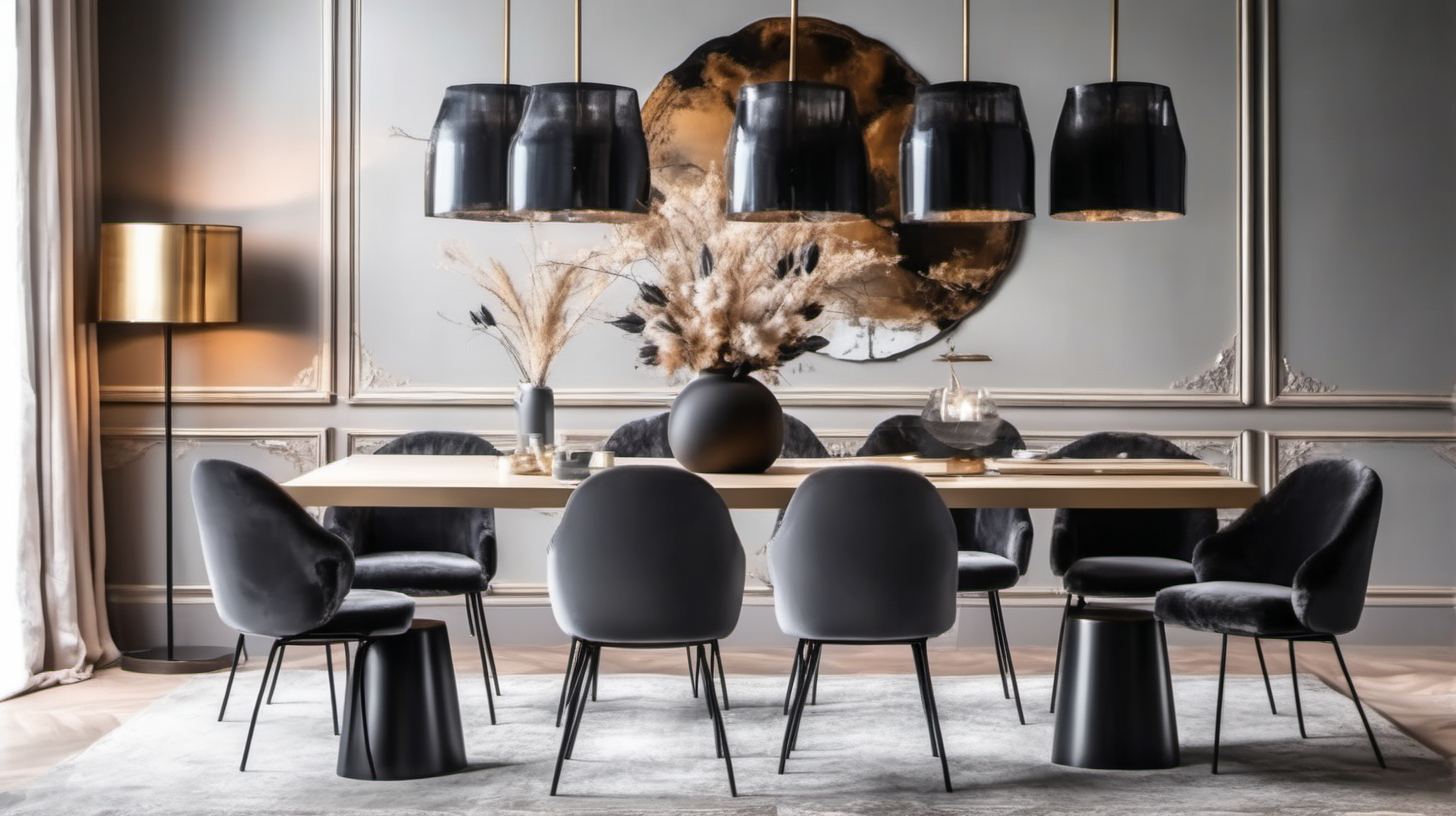 one cozy Interior with table wood with resin. table which metal black legs, make a gray velvet six chair by the table, on table set decoration. Above table set glass lamp luxury