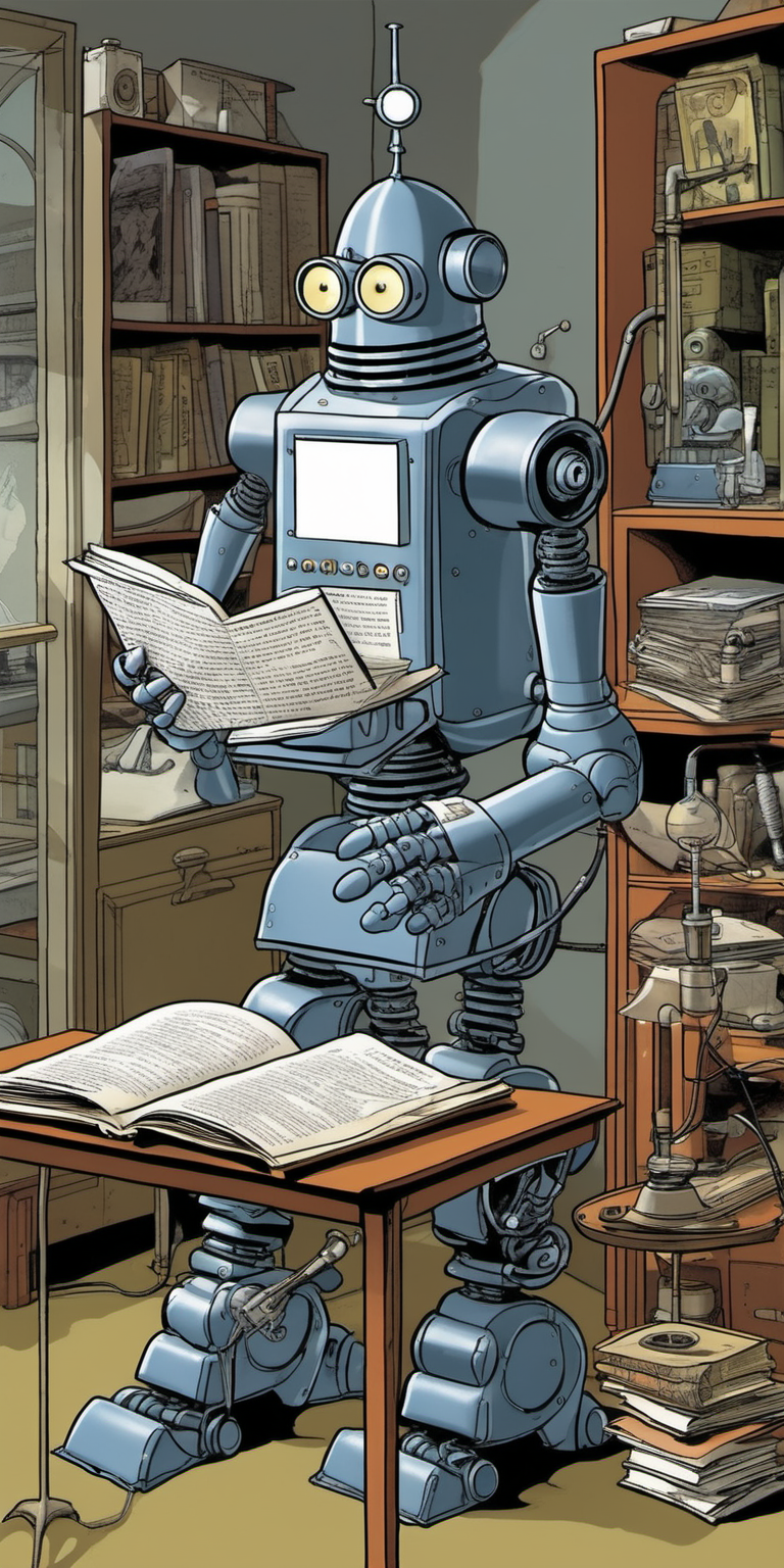 make an image in the spirit of "The Far Side" comic that depicts a old scifi movie robot trying to learn new knowledge  by reading books and papers  in an old 1950's style resesrch laboratory