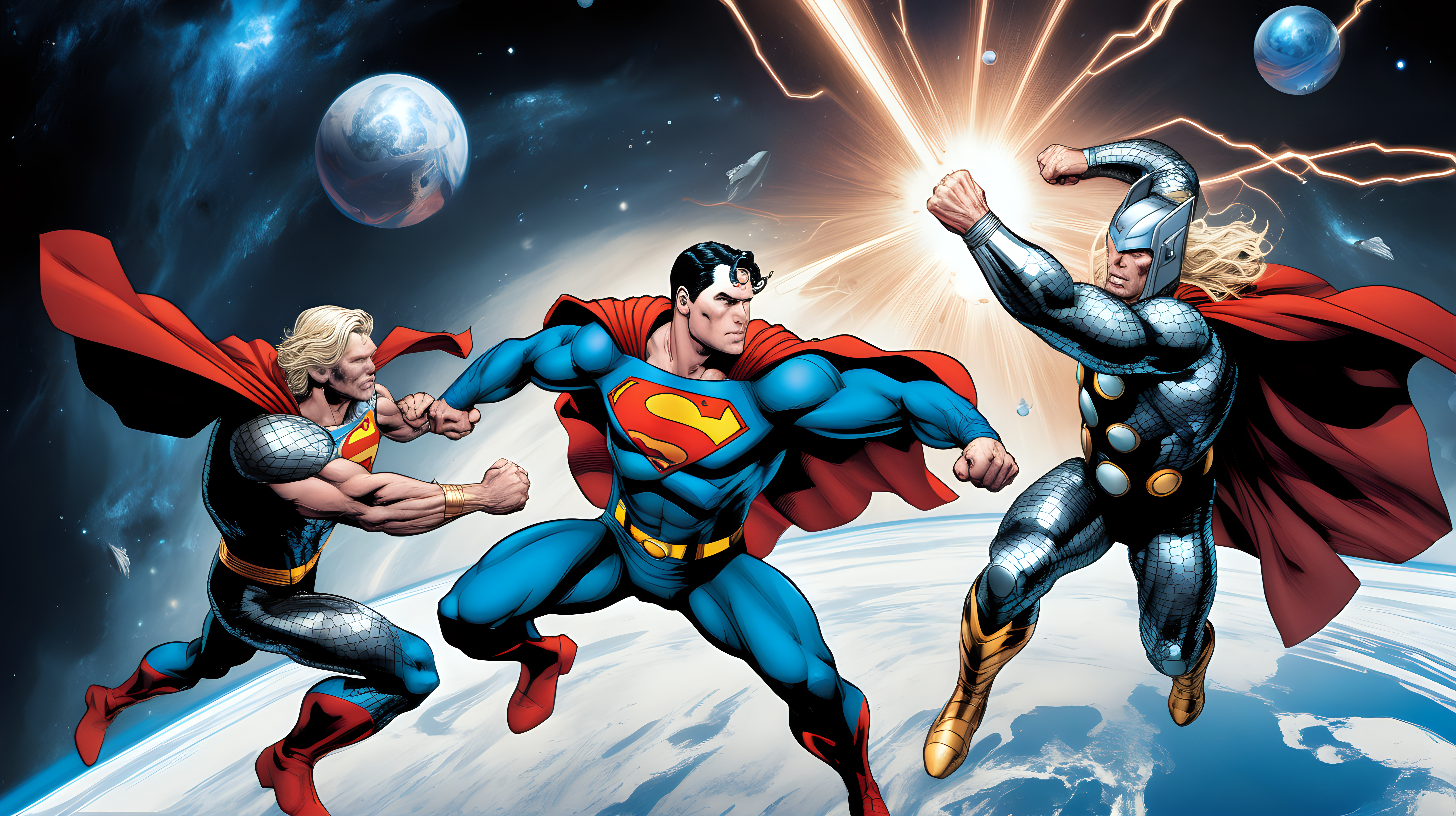 Superman fights Thor in space