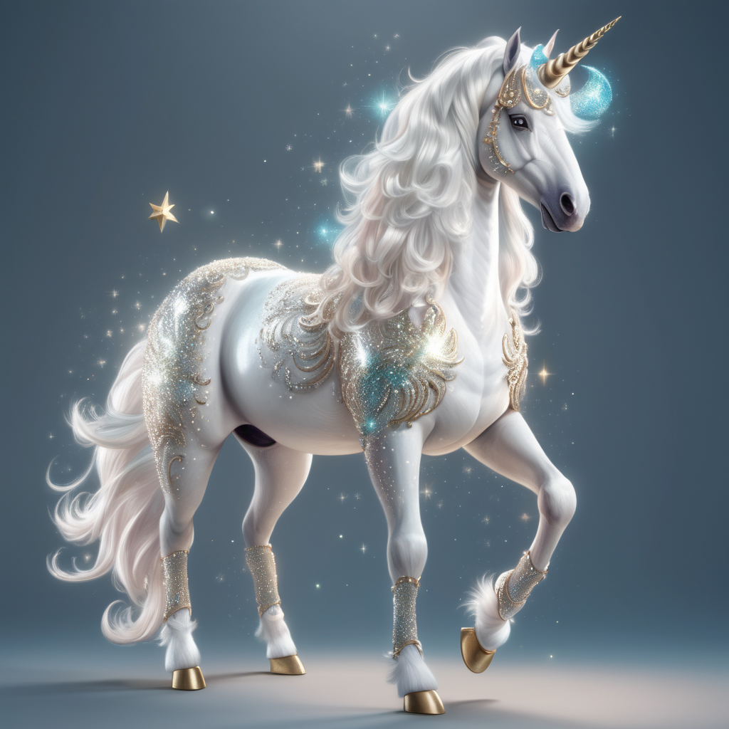 a full body image of a magical white unicorn with a shimmering coat similar to Diana Cooper