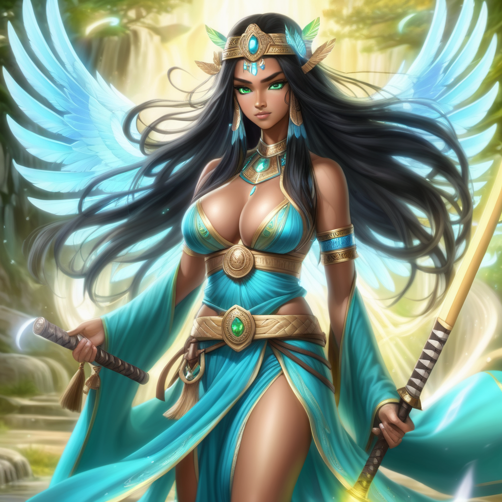 Seline the Goddess of light and love, and Crystal queen of indain decent, wings and rainbow power, samurai warrior and goddess with pure green blue eyes, black long hair to floor, powerful goddess of love, beautiful dress long, boobs, tan, thighs,