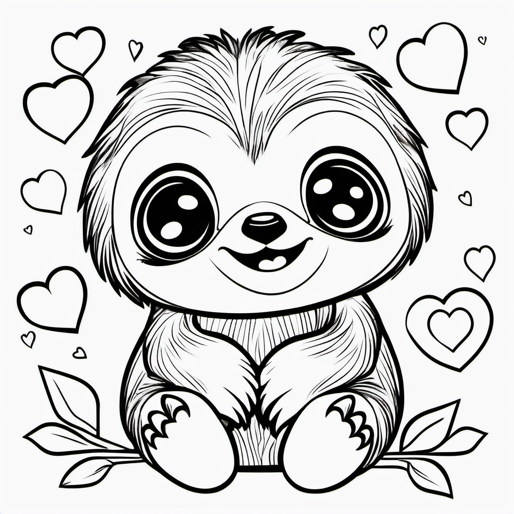 super Adorable little sloth line art coloring book page, valentine hearts, black and white, sweet smile, character full body, so cute, excited, big bright eyes, shiny and fluffy,
fairytale, energetic, playful, incredibly high detail, 16k, octane rendering, gorgeous, ultra wide angle.