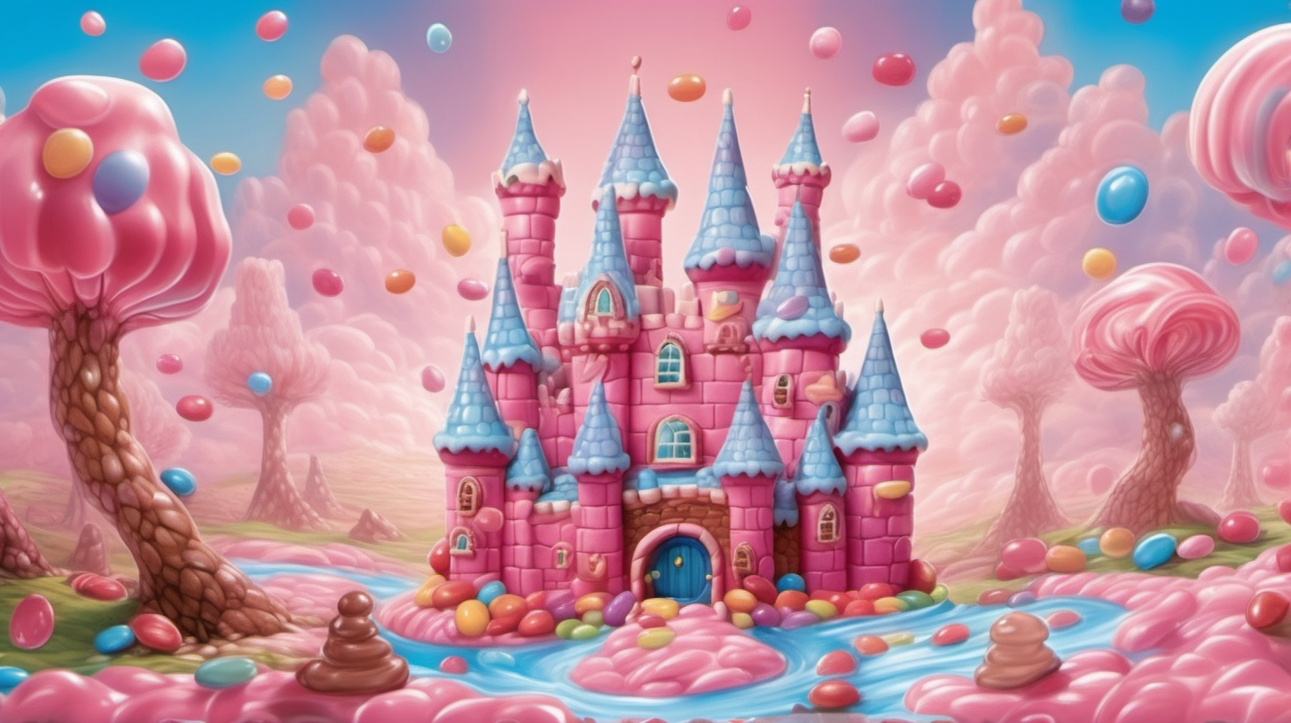  in cartoon storybook fairytale style, chocolate rivers, and jellybean meadows. The sky was painted in the most enchanting shades of pink and blue. a candy castle made of gummy bear bricks, similar to CandyLand