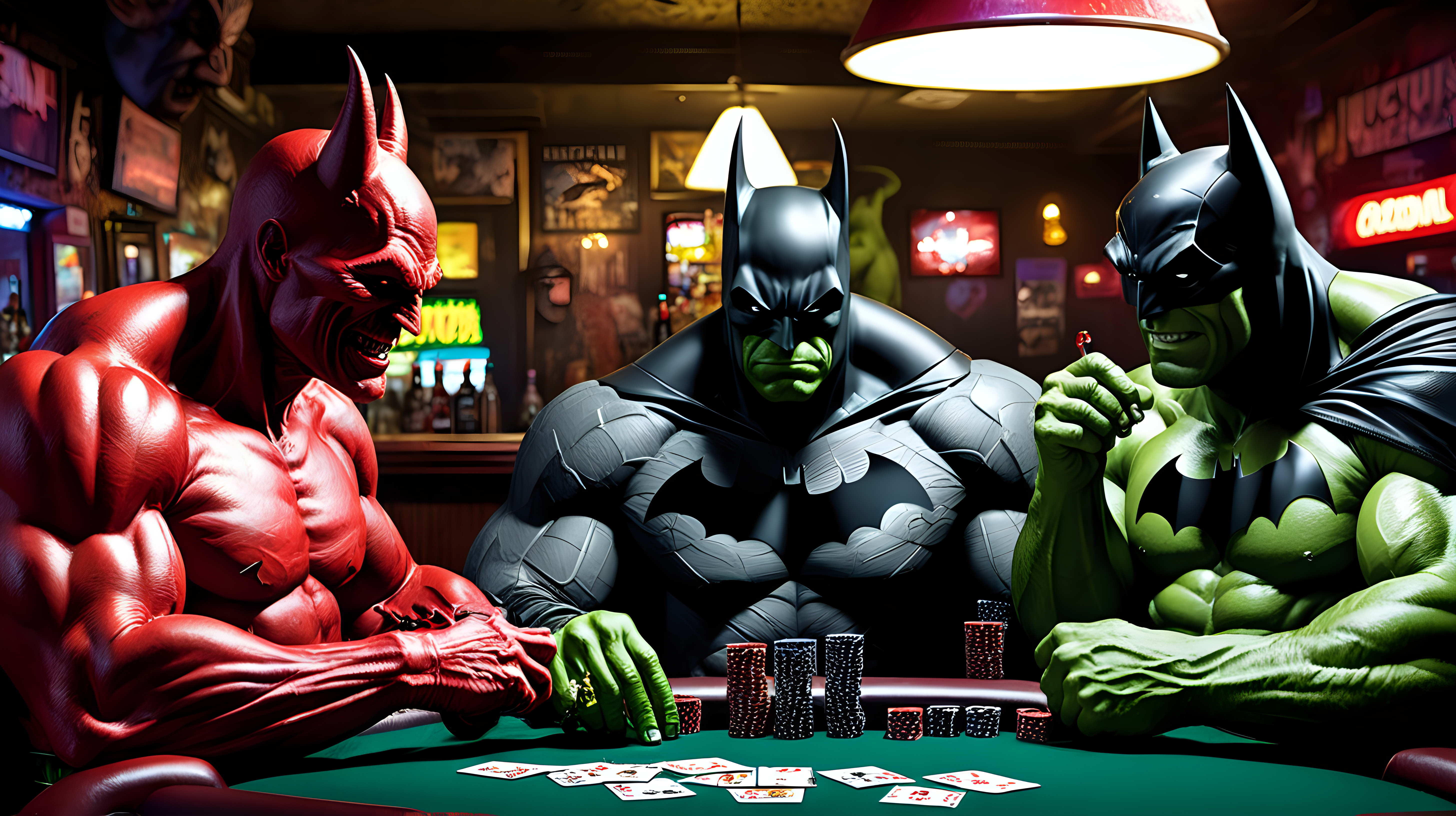 The Devil The Batman and Hulk playing poker and having drinks in a dive bar