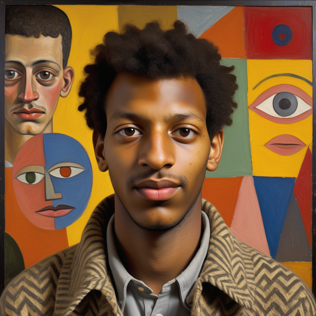 one cute African American 26 year old male with  bright eyes and a warm smile close up by painter Lucian Freud. in front of an abstract background with lots of vibrant symbols by Paul Klee. all clothes with vibrant abstract images and patternsby Paul Klee, atmosphere is Caravaggios chiaroscuro --stylize 50 --v 5.2