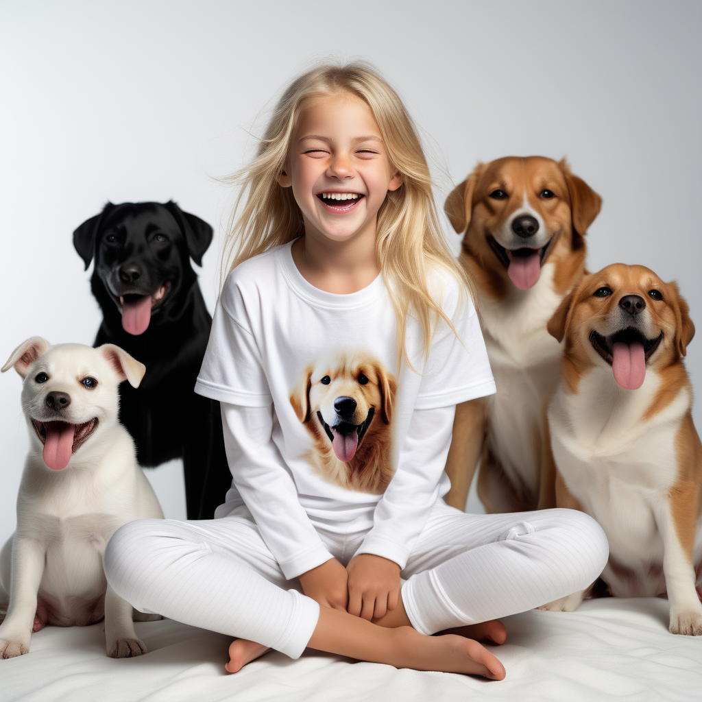 “Perfect Facial Features photo of a blonde lauging 10 year old girl sitting surrounded by dogs, in  white cotton tshirt pyjama (no print, long  tight cuff sleeves, loose long pants) , no background, hyper realistic, ideal face template, HD, happy, Fujifilm X-T3, 1/1250sec at f/2.8, ISO 160, 84mm”