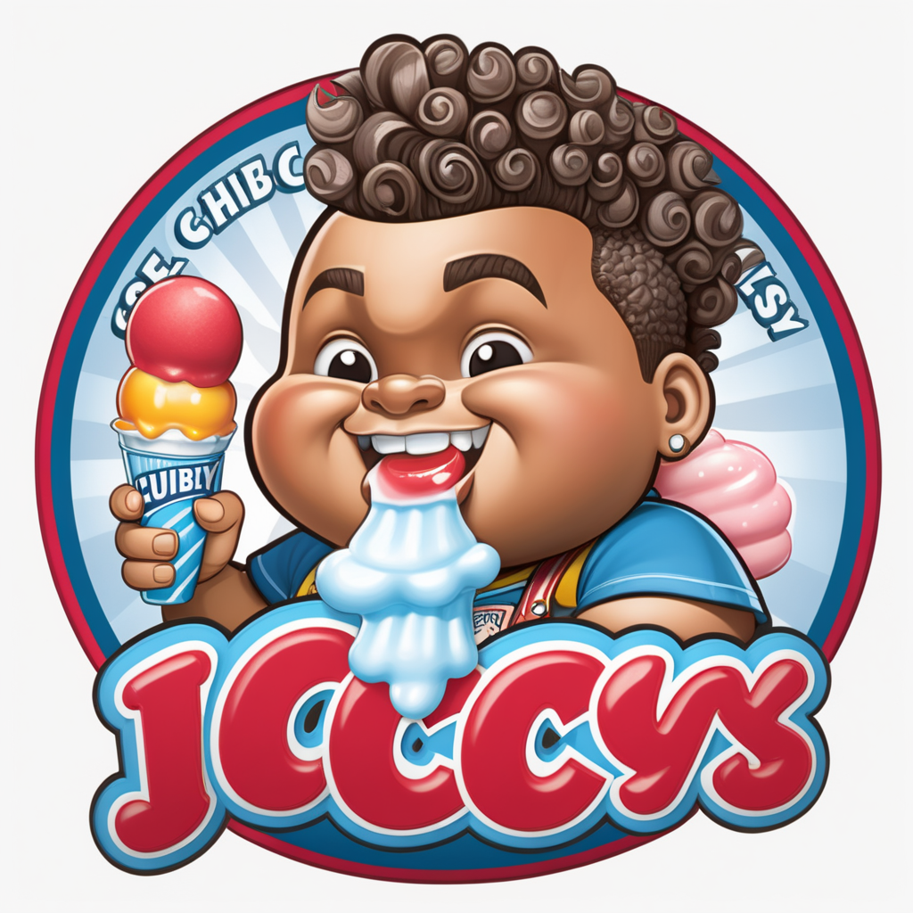 Creat an image of a stylized 3 dimensional emblem with resemblance to a badge or seal. The emblem features the words “Chubby Cheeks Iceys” in bold raised lettering. The central image is a chubby cheeked cute African American boy with a curly Mohawk holding an italian ice 