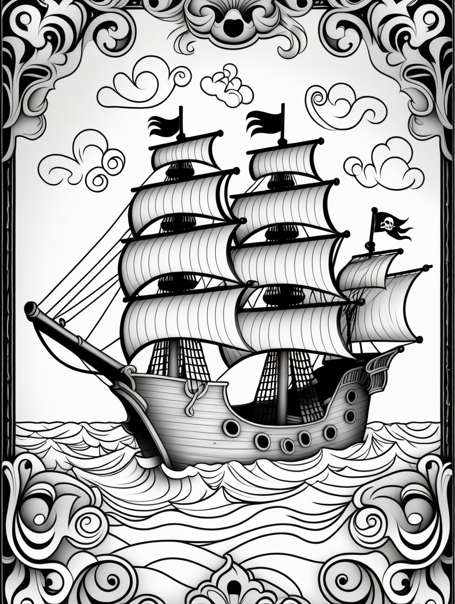 no shading, pirate ship, damask Motif Pattern, outline drawing, unfilled patterns, black and white, coloring book page,  clean line art, line art, no shading, clear edges, coloring book, black and white, no color, line work for coloring