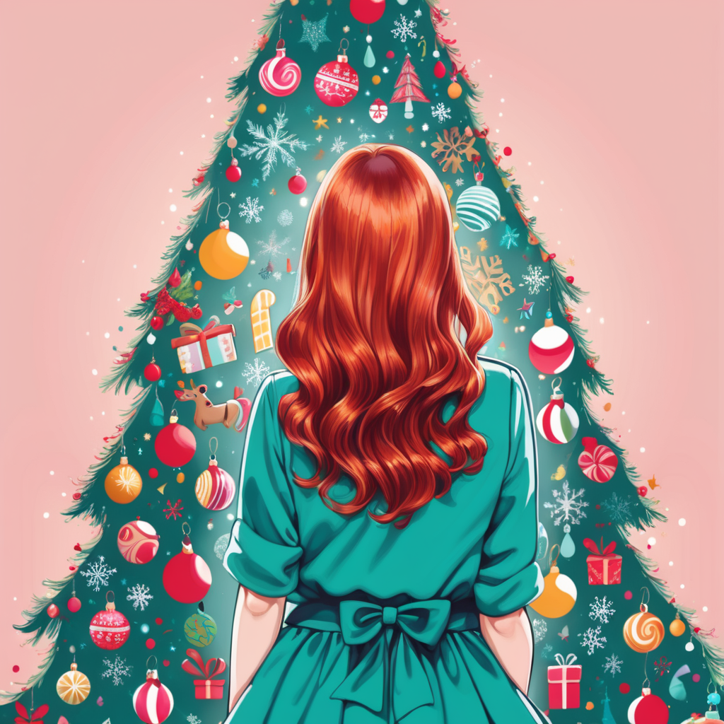 Colourful picture the back of a woman with auburn hair and a fun christmas tree


