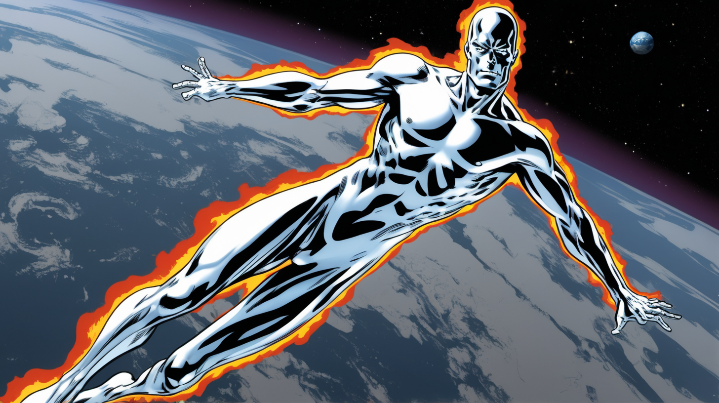 The Silver Surfer reigning fire down on  earth from space