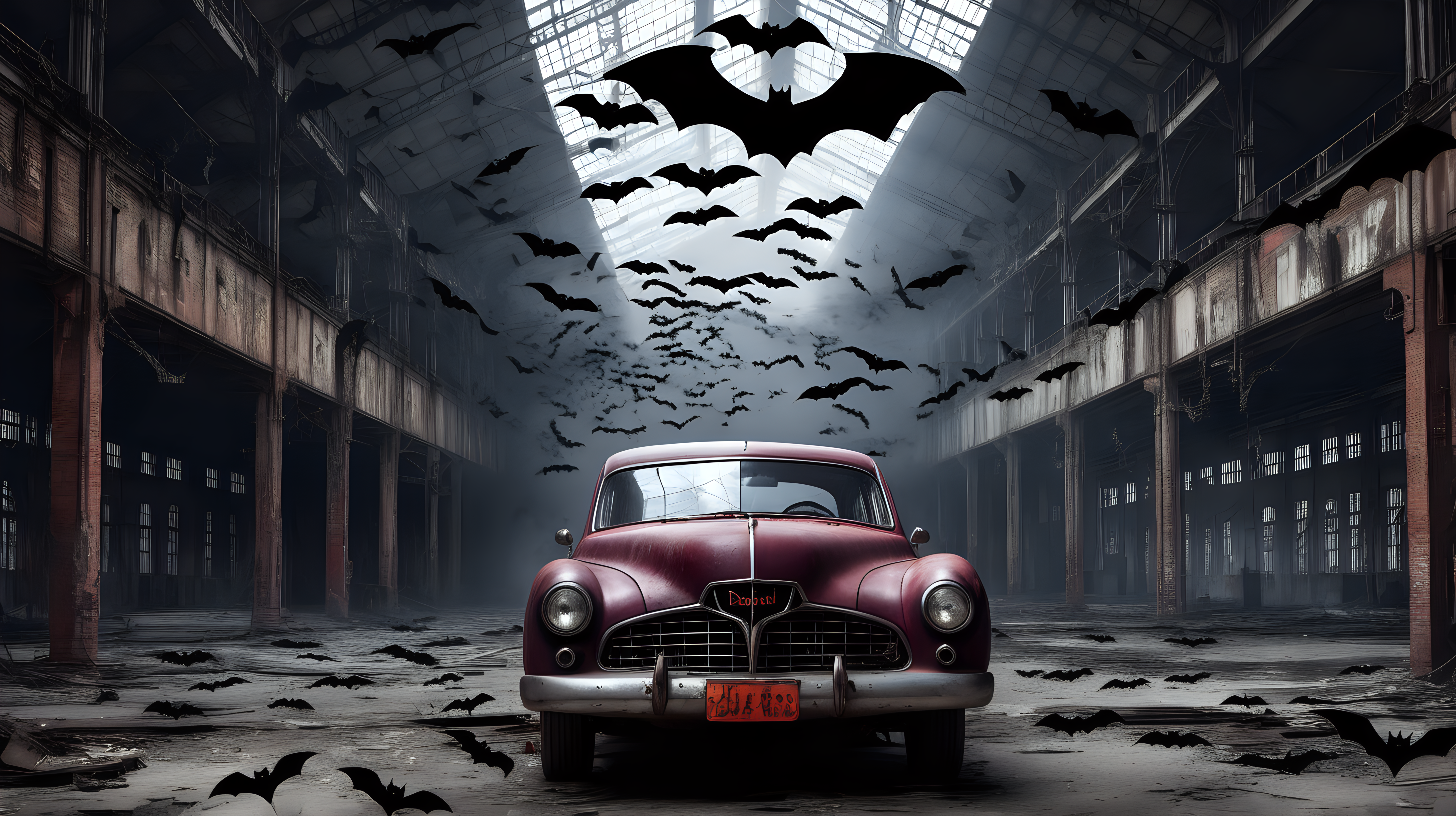Dracula in an abandon car factory with bats flying overhead