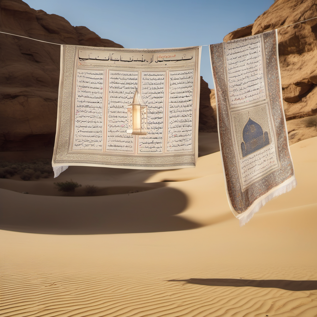 a muslim nikkahnama printed on a huge fabric hanging in a quirky way in the desert