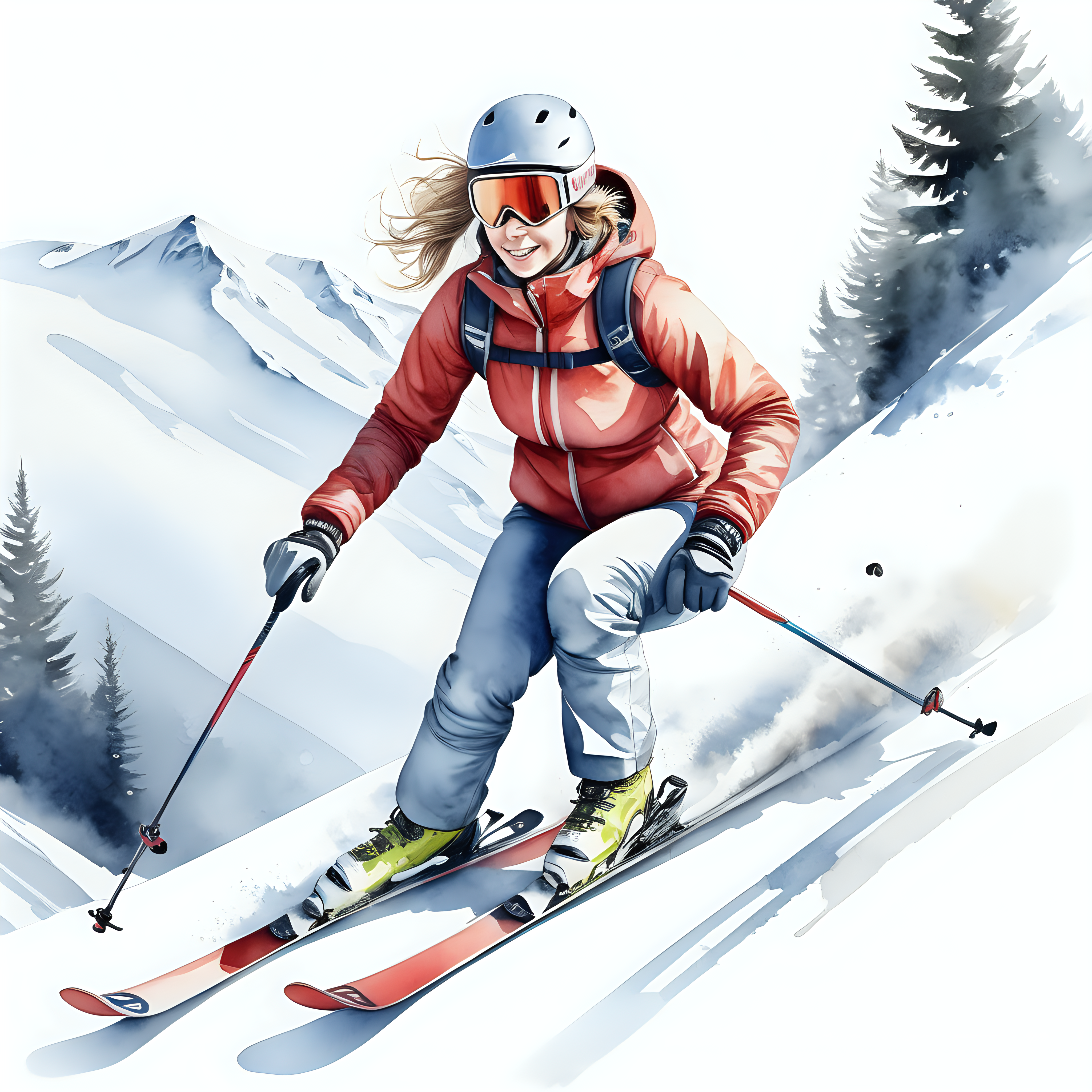 bílé pozadí_vytvoř realistickou ilustraci _detailní záběr na lyžař_žena_ester ledecká_zimní krajina_sjezdové lyžování__motto_když nemůžeš přidej více_ve stylu akvarelu_reálná postava_