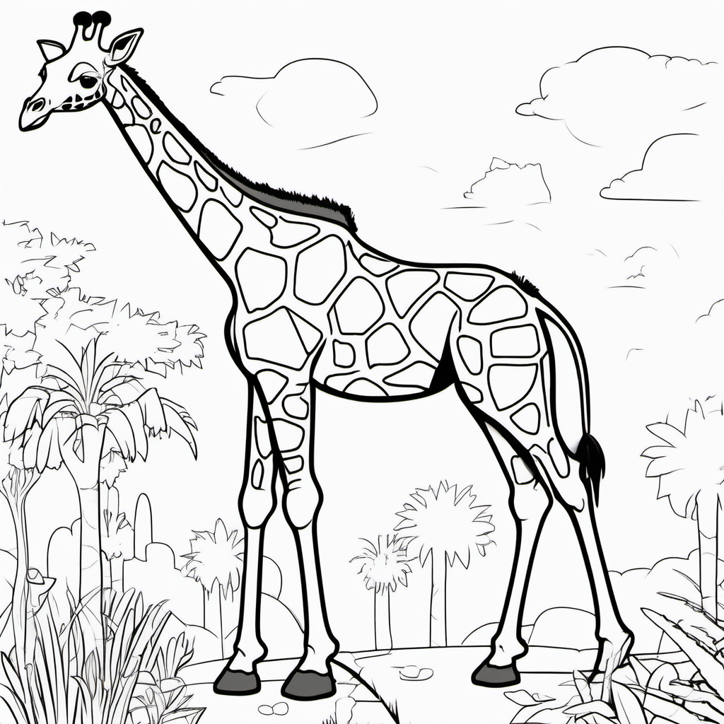 /imagine colouring page for kids, Giraffe rex in a zoo, Thick Lines, low details, no shading --ar 9:11
