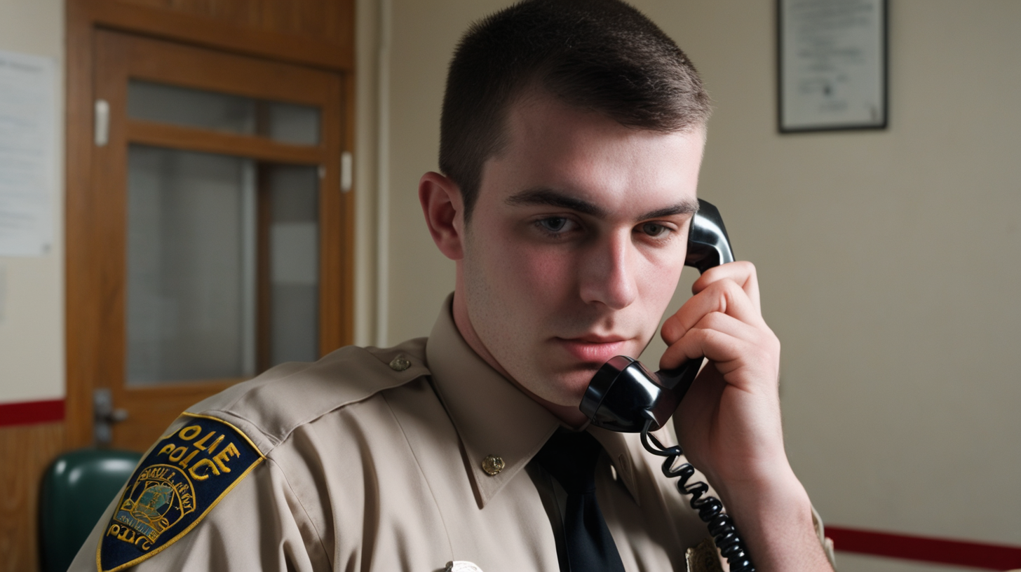 deputy, 25-30 years old, clean shaven, inside older rural police station on the phone. 

