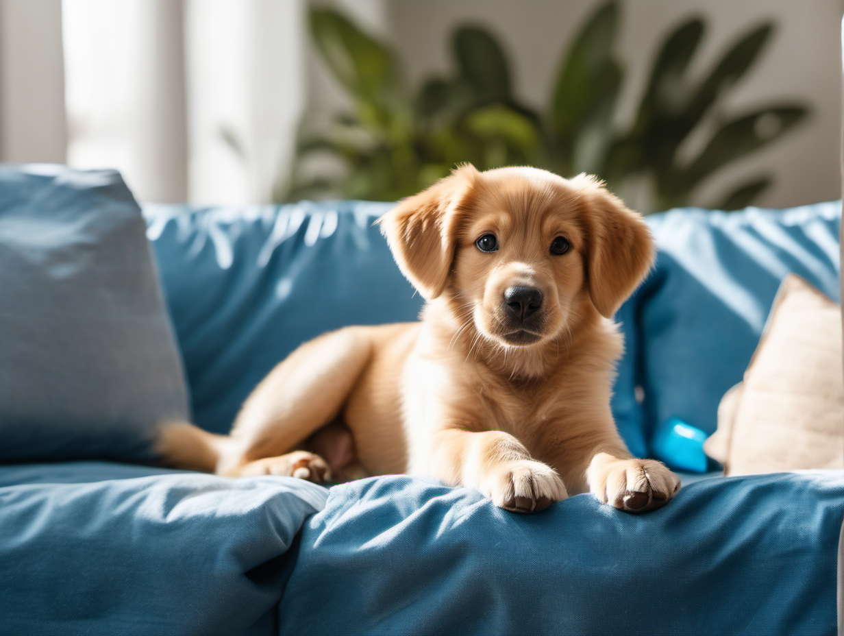 Create an image of a puppy relaxing on the couch in the living room. The couch is covered with waterproof cover. The cover color is bright blue. The dog is of a large size, looks happy and relaxed, with the tongue out, laying on the cover sideways to the camera, looking to the right, turned away from the camera. The color of dog is beige. The room is sunlit, the weather outside is bright and sunny.