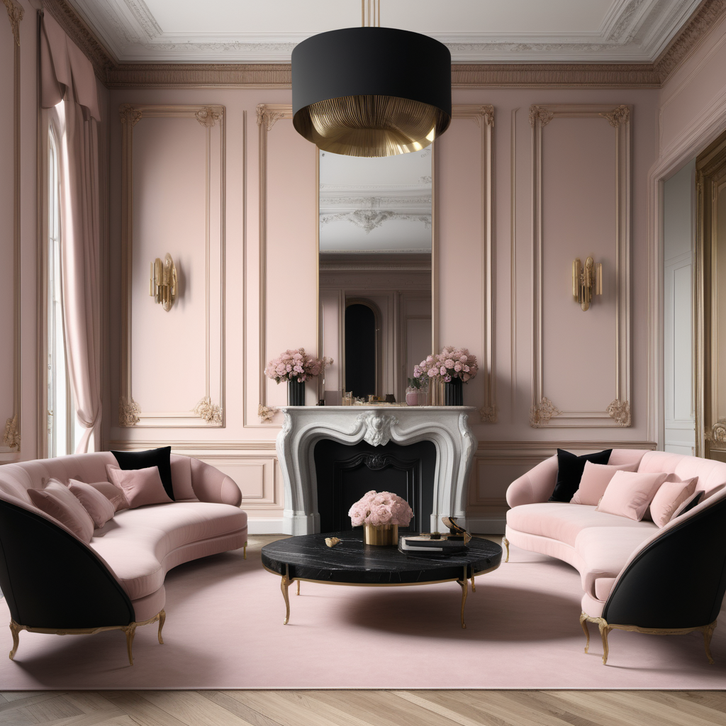 a hyperrealistic image of a palatial Modern Parisian   in a beige oak brass dusty pink and black colour palette