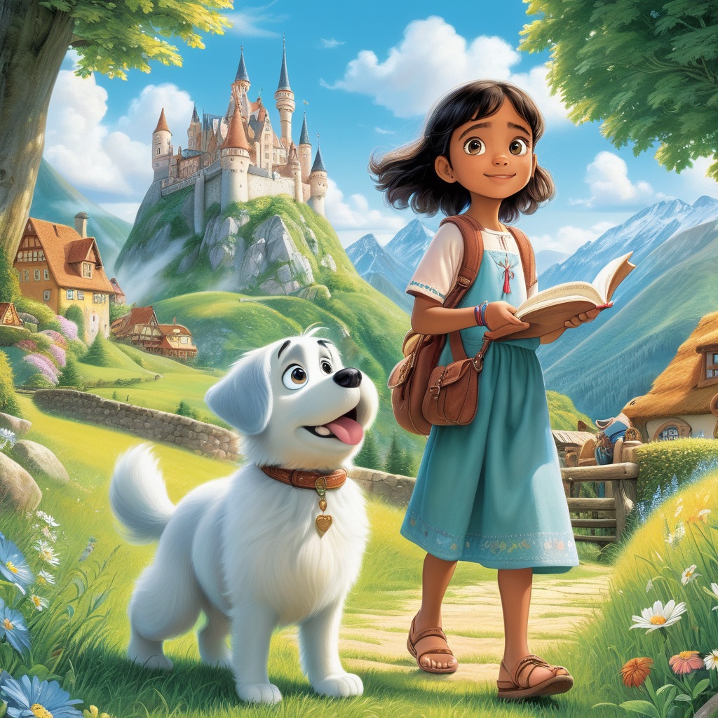 The enchanting land of Sprachland, where Anaya, a delightful little Indian girl fascinated by languages, embarks on a magical journey to learn German, accompanied by her loyal companion, a fluffy dog named Elsa, Hayao Miyazaki style