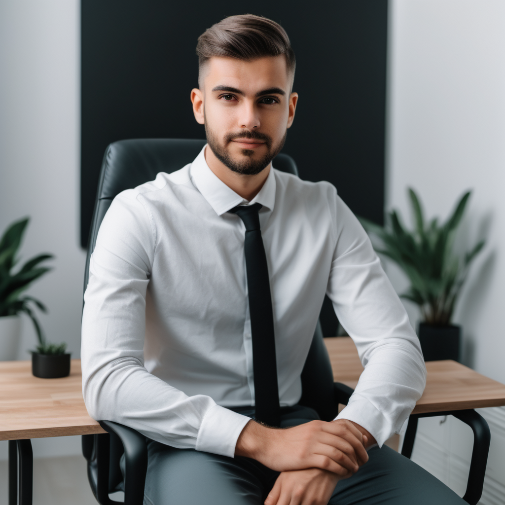 porttrait photo of young therapist man sitting on a desk chair looking professional