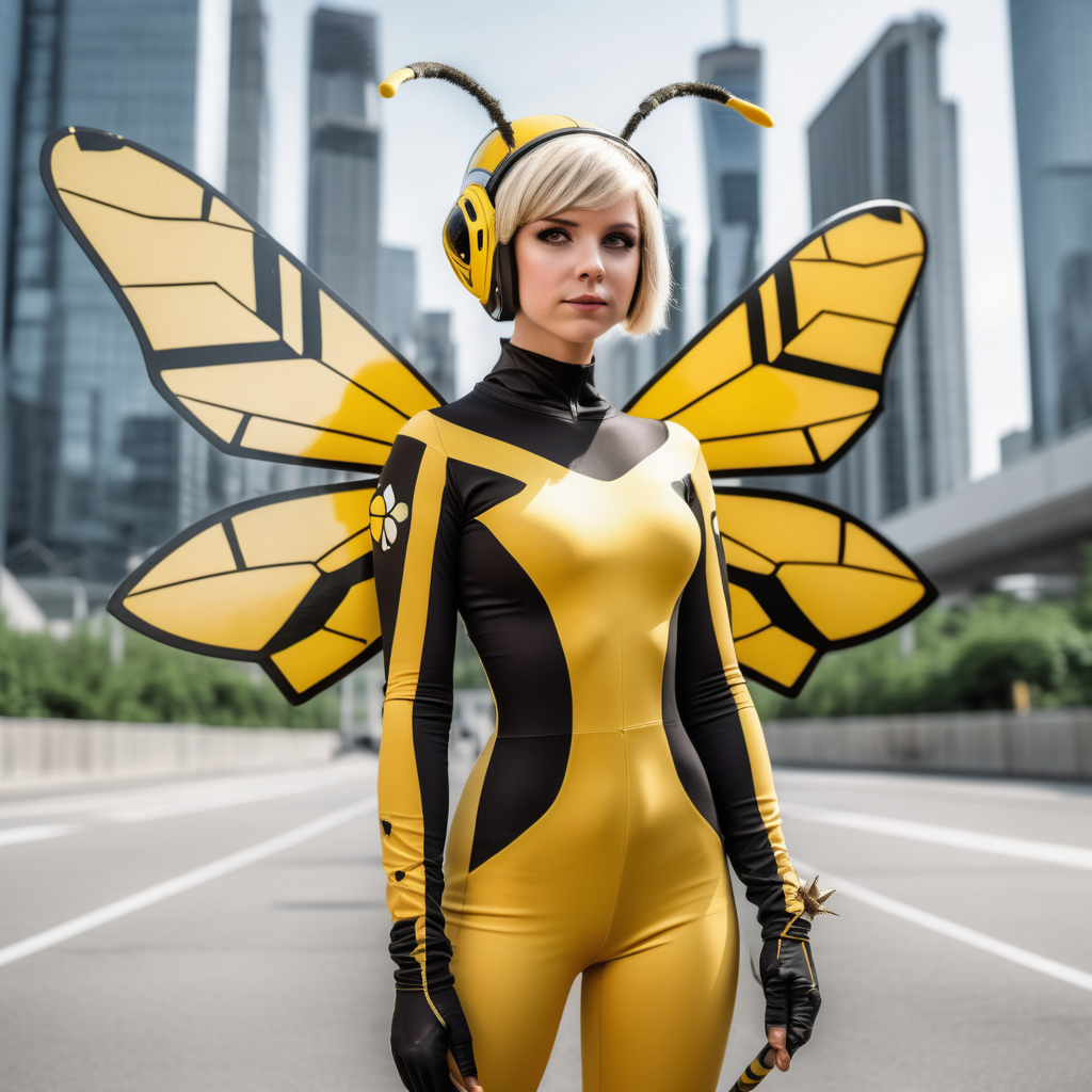pretty girl, short blonde hair, bee themed yellow and black skintight jumpsuit, yellow and black olympic bow, yellow and black tech helmet with bee antlers, tech bee wings, shooting arrows, city, day