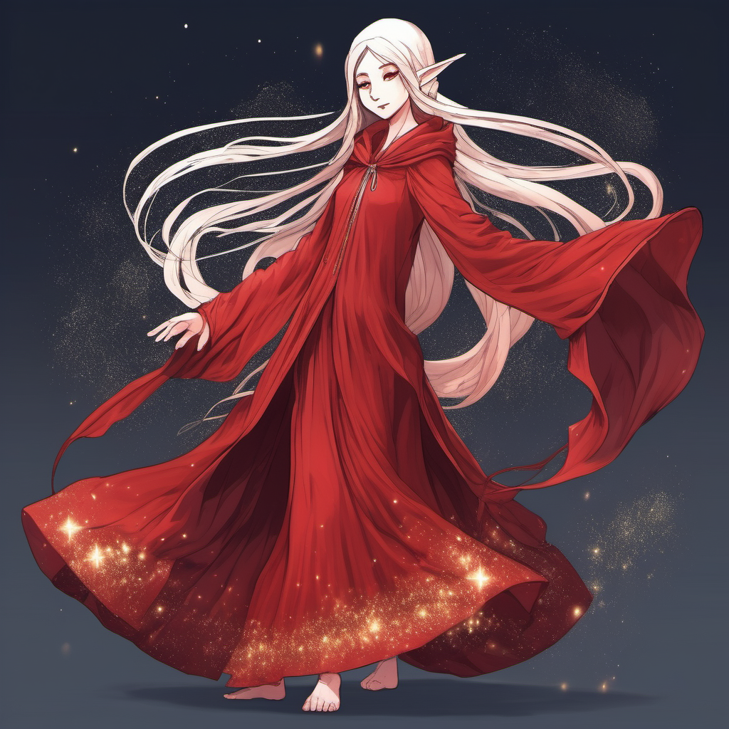 in anime manga style, a full body head to toe image of a female elven traveler dressed in a long red dress with a hood, dancing similar to ballet, long hair that shimmers with glitter