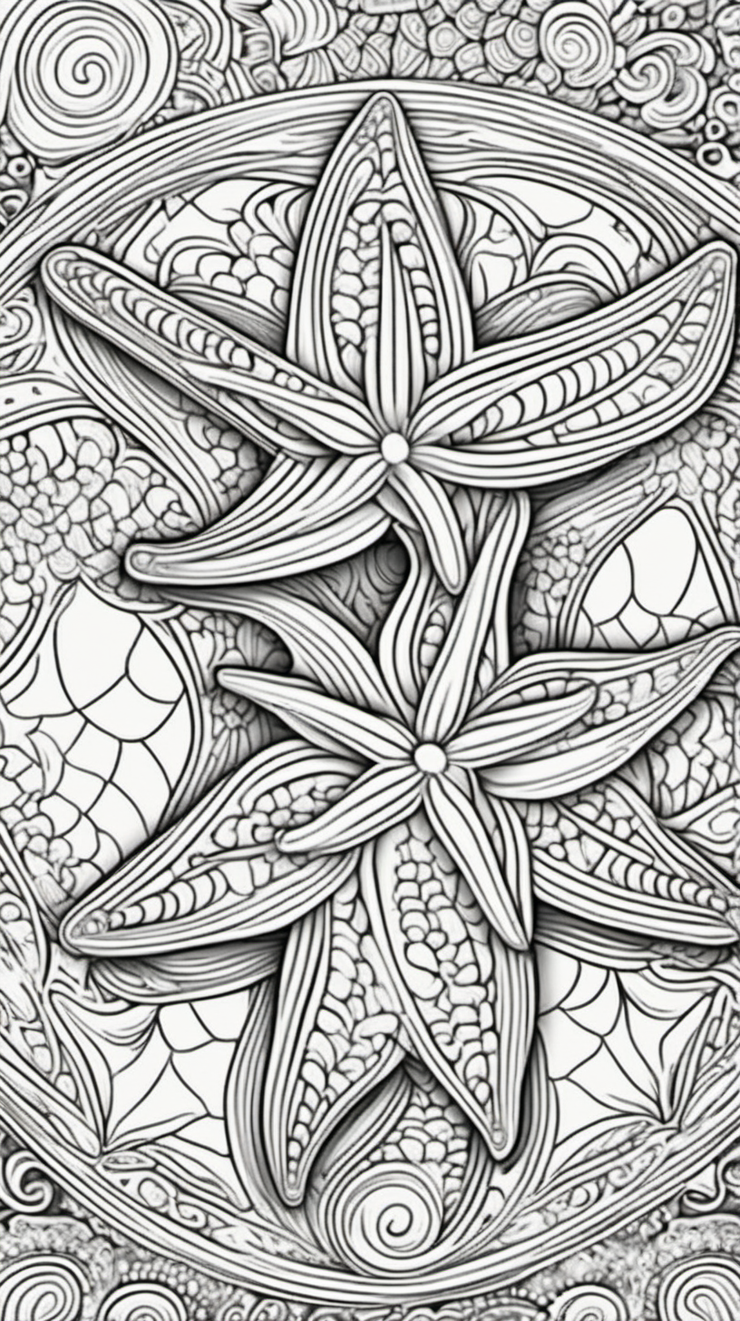 ocean starfish, mandala background, coloring book page, clean line art, no color