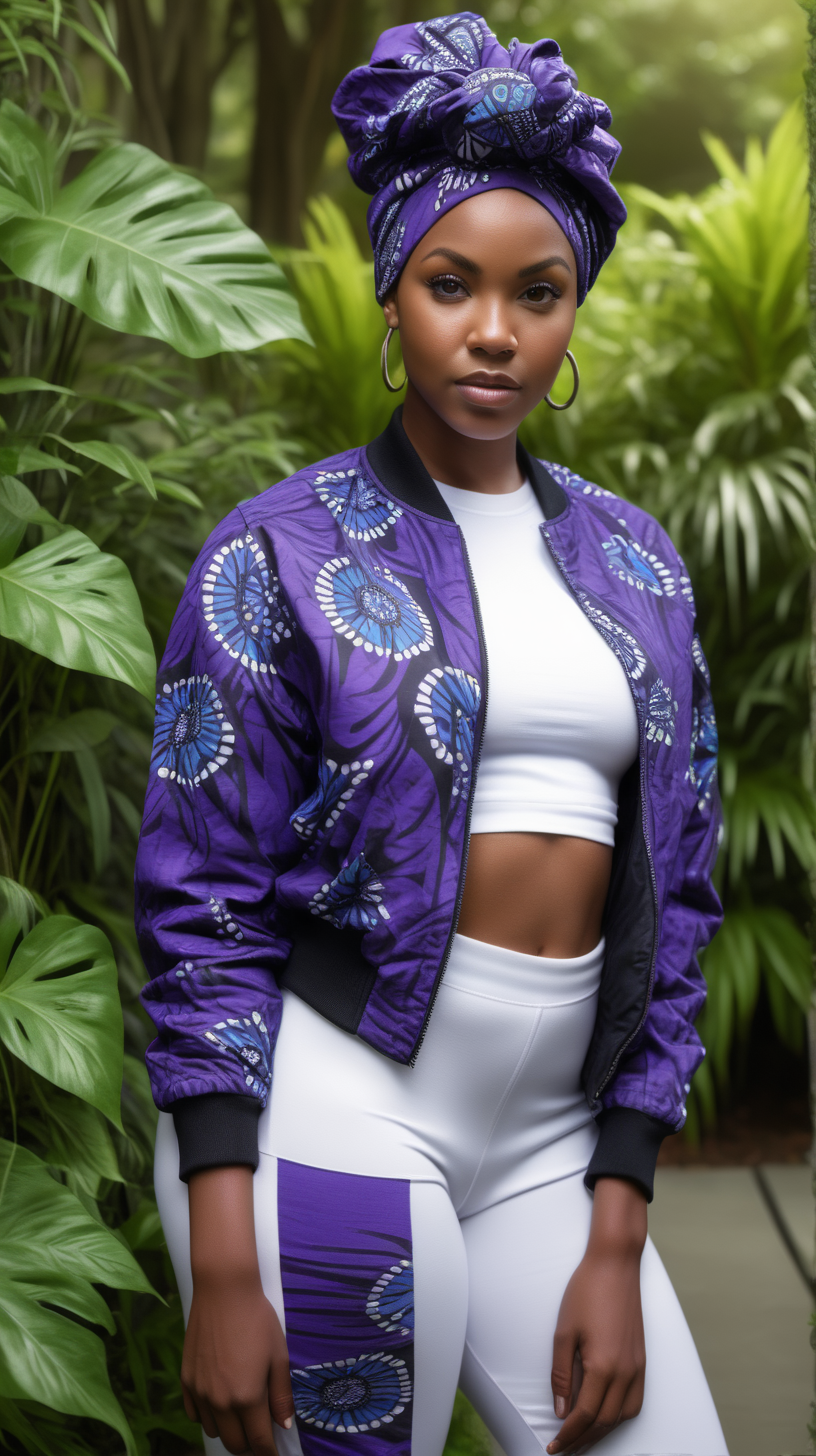 A beautiful, young Black woman, wearing short, black hair, wearing a Purple, African print head wrap, standing against a lush garden background, Facing  the camera, wearing a white, ultra modern, nylon bomber, wearing a blue dress shirt, white tee-shirt, wearing heather gray, loose fitting, sweatpants, lighting is over the left shoulder, from behind, pointing down, ultra 4k, render, high definition, light shadowing