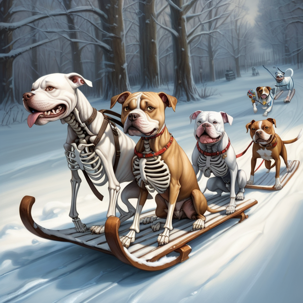 The skeleton is riding on a sled and