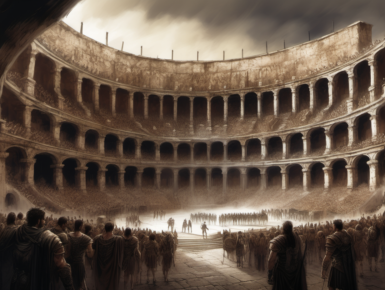 genera una ilustración de fantasía, estilo Luis Royo, del interior de un coliseo romano con las gradas llenas de gente




