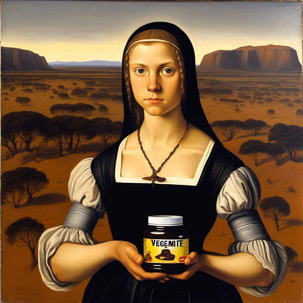 a renaissance painting of a young woman with a round face in the Australian outback holding a jar of vegemite