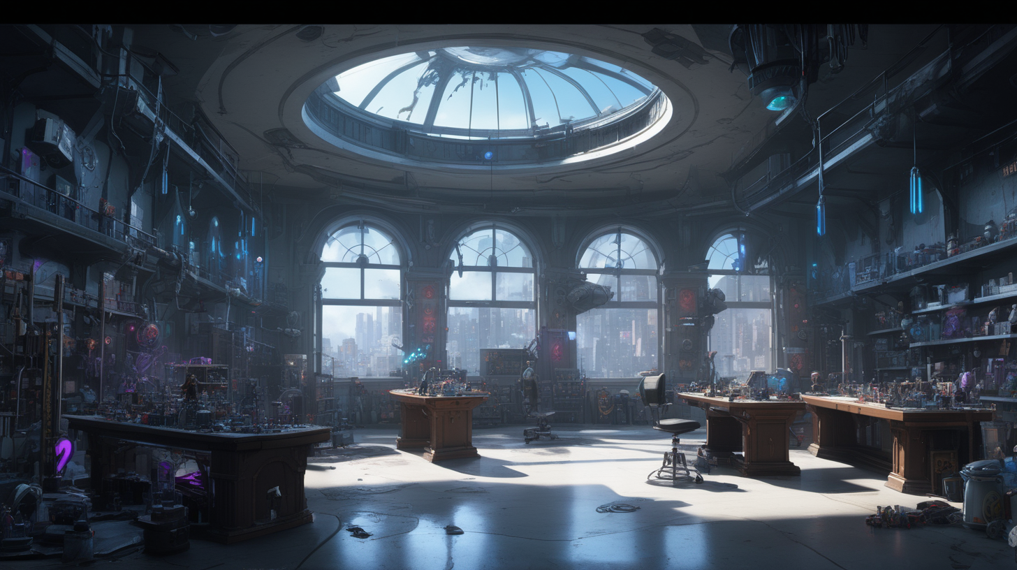 interior location of Arcane movie like VI and Jinx practice scene. Included Items, weapons and toys for jinx. There is a balcony overlooking the Arcane city. There is a laboratory in the middle of the place. The ceiling of the place is high and spacious. There are also heavy weapons and missiles next to the place. The place is considered old and messy, but it is arranged in the Jinx way. The place took a circular shape.