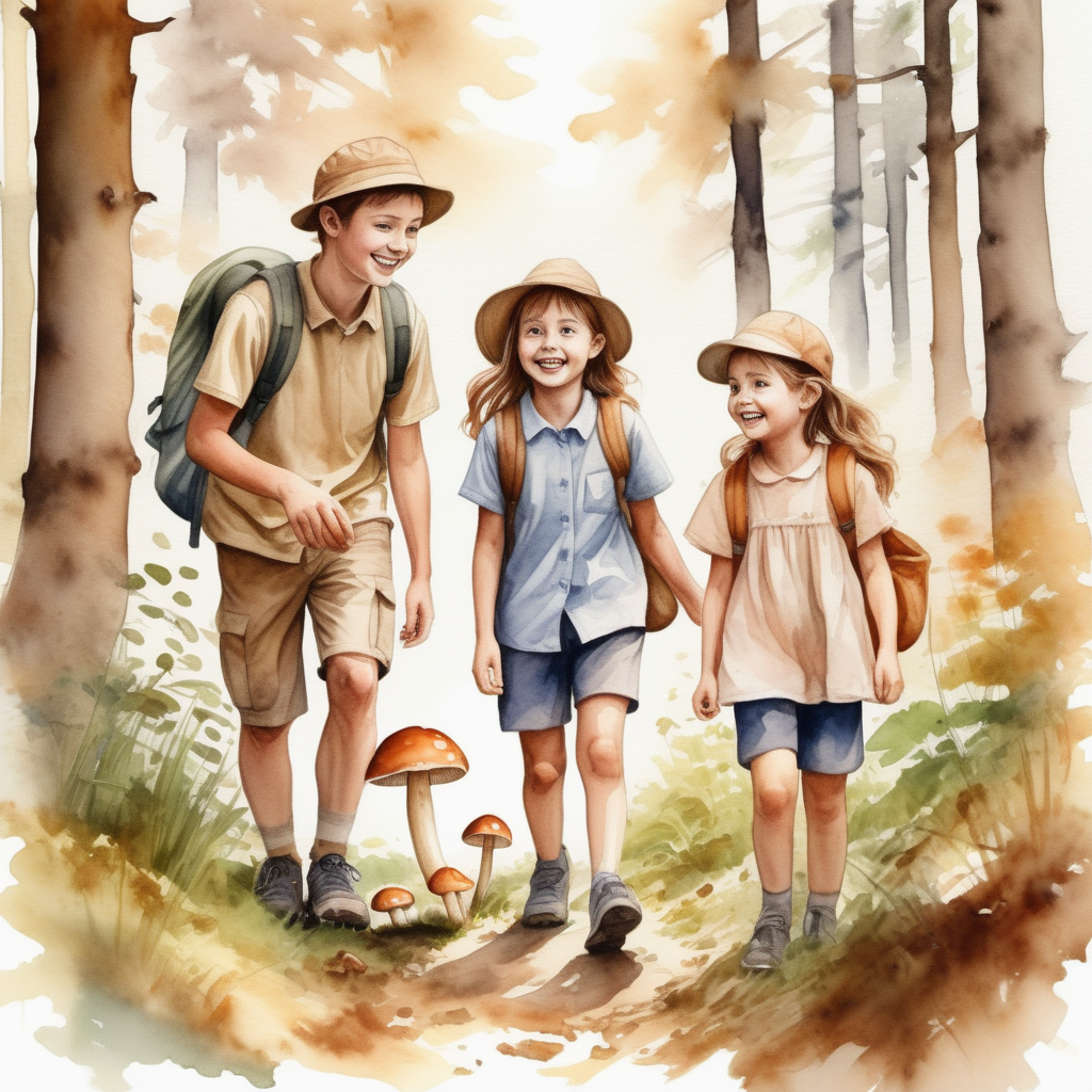 vytvoř realistickou ilustraci_reálné tváře_usmívají se a hledají_děti v lese s rodiči hledají houby jsou hnědé_akvarelové barvy

