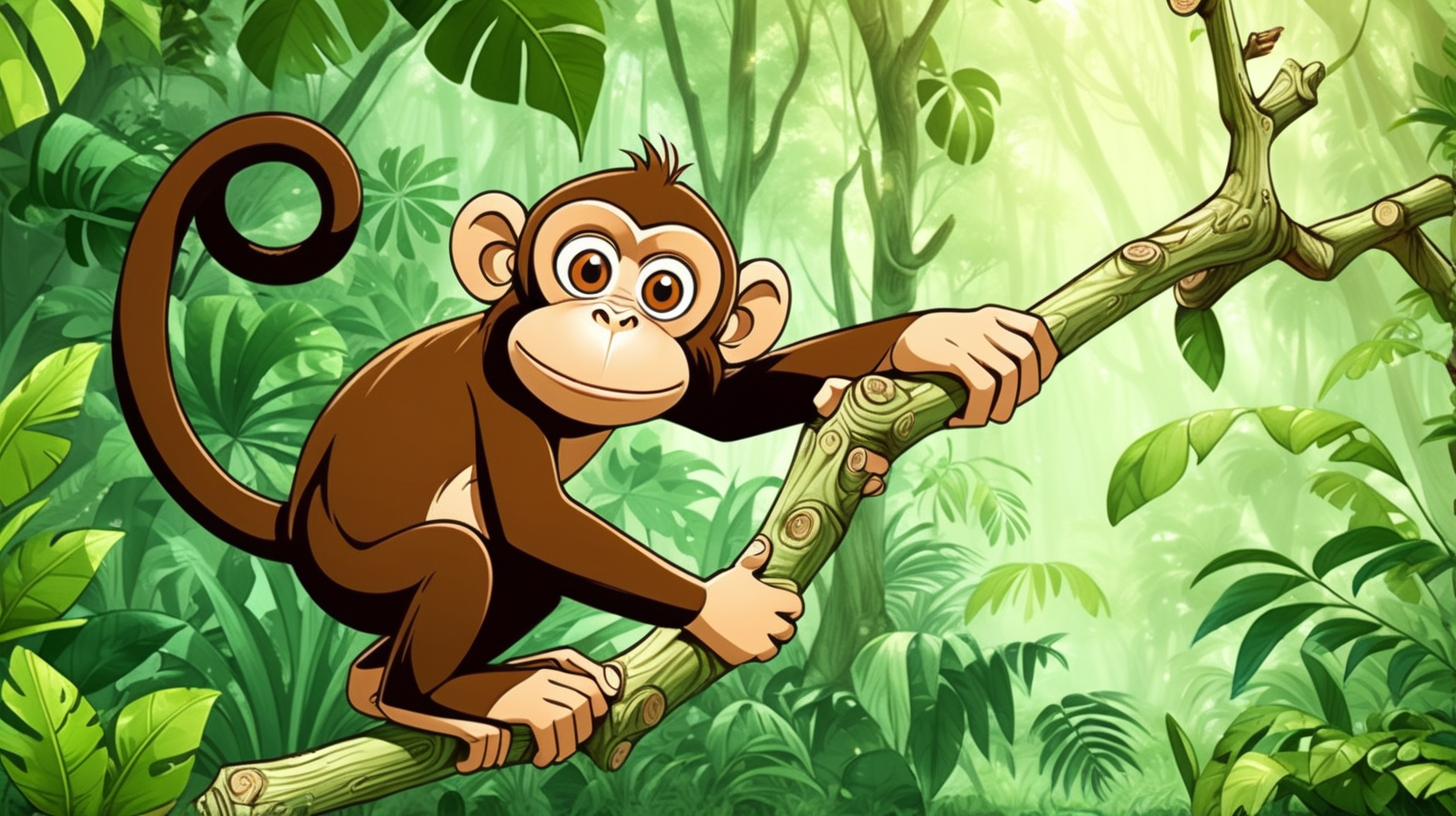 cartoon monkey holding a wooden broken branch of the tree in hand in a green jungle