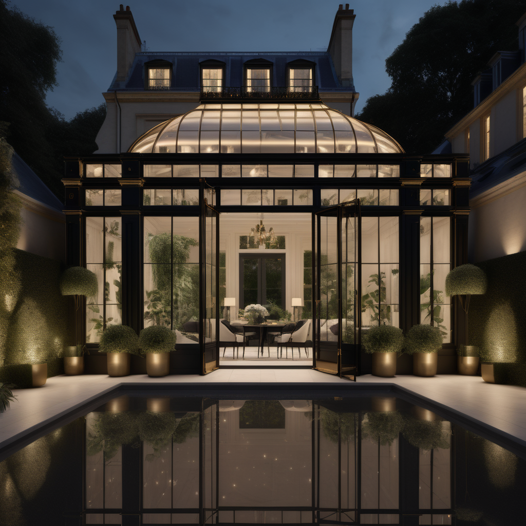 a hyperrealistic of an elegant Modern Parisian estate home conservatory with mood lighting,overlooking the pool and lush gardens, in a beige oak brass and black colour palette 
