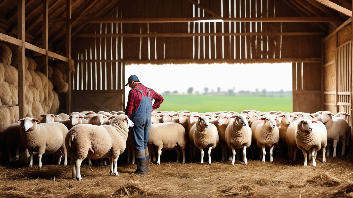 sheep with farmer in farm barn, isolated on background, copy space, photo shoot