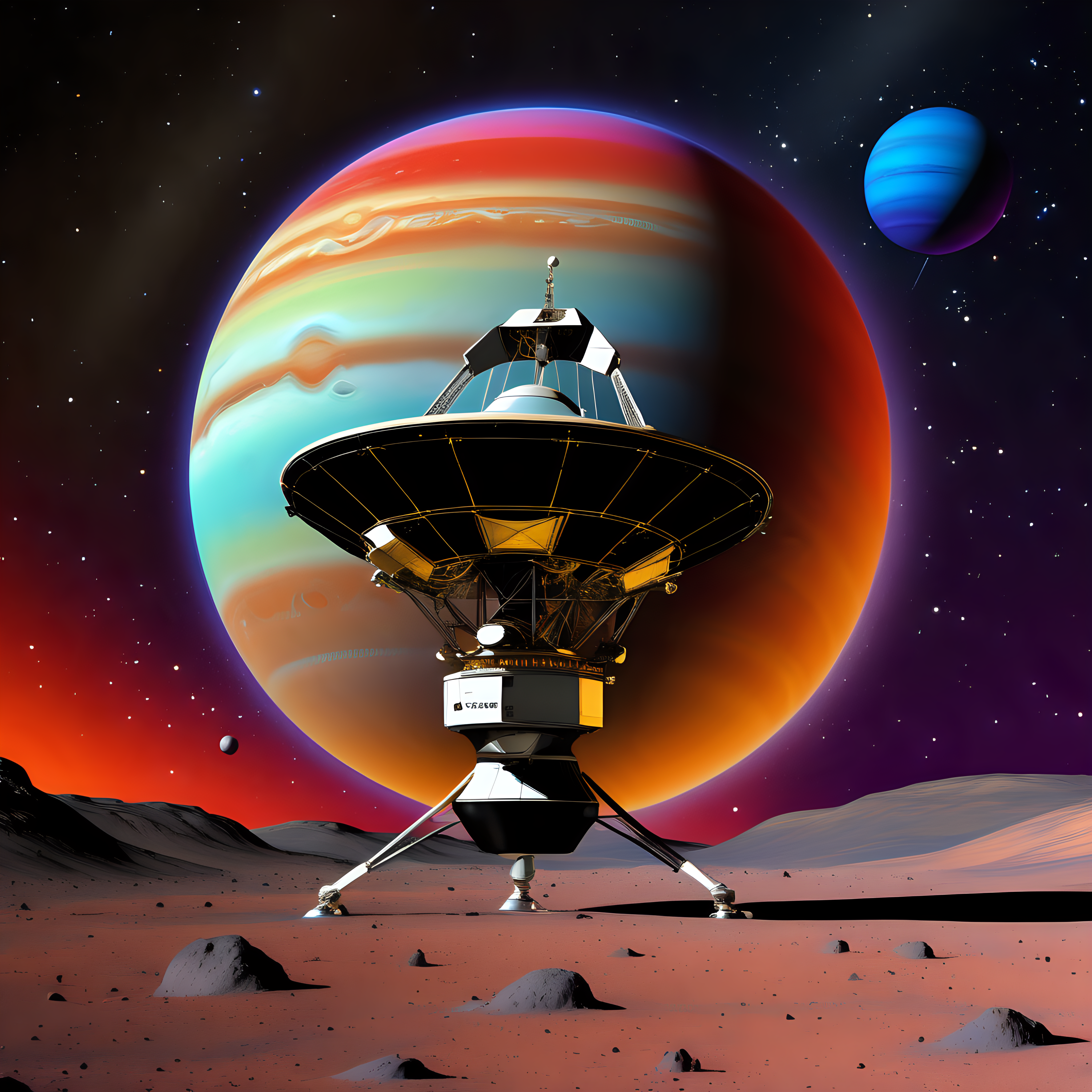 voyager 1 spacecraft in front of a vibrantly colored alien planet with s lot of stars in the background