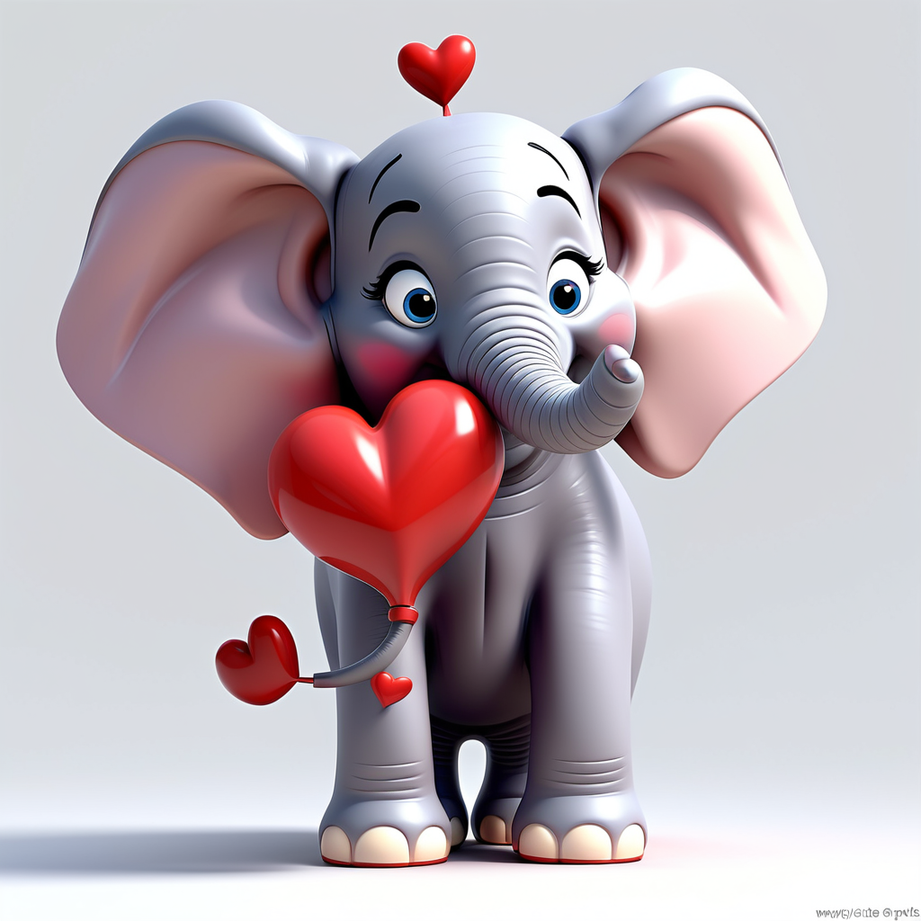 "Sweet Pixar 3D Valentine's Elephant" - Imagine an endearing Pixar 3D elephant with heart-shaped ears, playfully spraying love with a trunk, set against a clean white backdrop. Ideal for conveying affection. --v 5 --stylize 1000