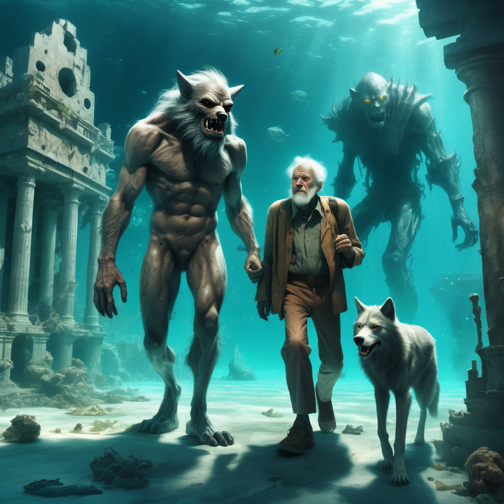  a kind Wolfman  walking side by with  a  frail sick lost old man.  In background the deep underwater city's  ruins of Atlantis