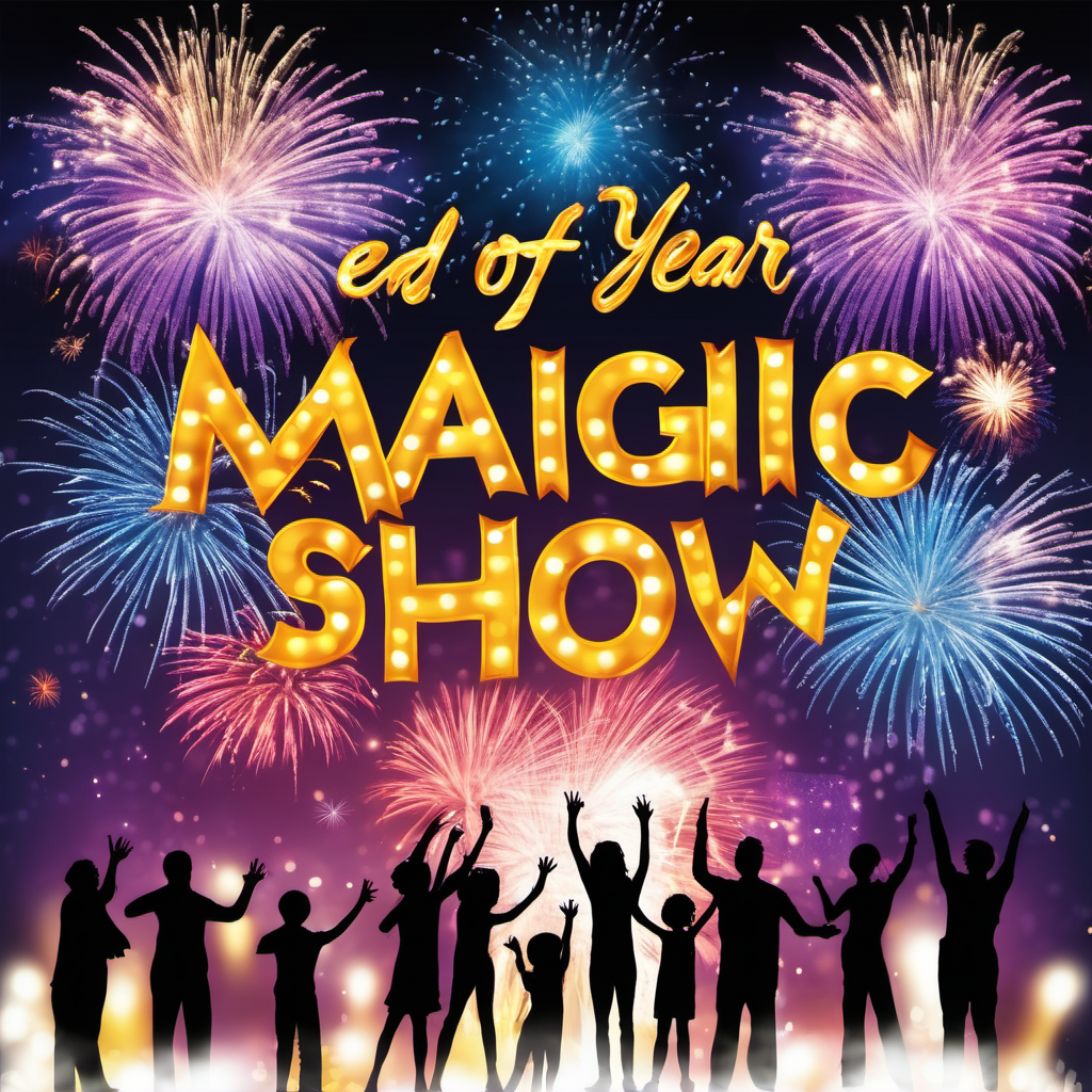 end of year celebration with fireworks and broadway banner with the "Magic Finger Show" Text