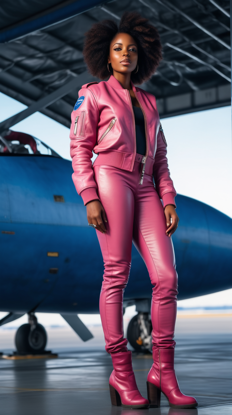 Beautiful Black woman, beautiful body, wearing a leather, full body, Blue, flight suit, wearing a pink leather bomber, standing on an air carrier 4k, high definition, high resolution