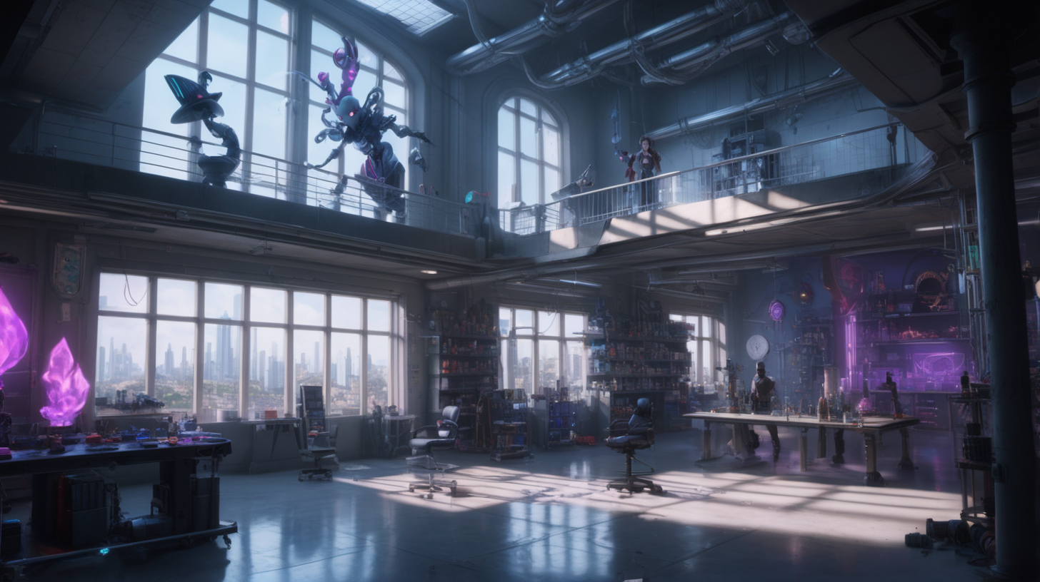 interior location of Arcane movie like VI and Jinx practice scene. Included Items, weapons and toys for jinx. There is a balcony overlooking the city. There is a laboratory in the middle of the place. The ceiling of the place is high and spacious.