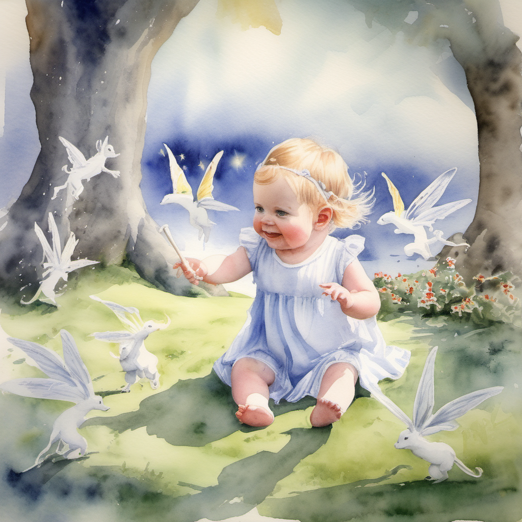 A watercolour painting of beautiful baby girl Lillie playing with fairies at Tynwald on the Isle of Man