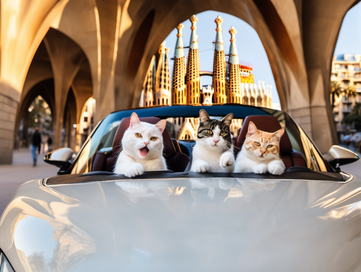 three cats in luxury car in Barcelona making selfie in Gaudi style
