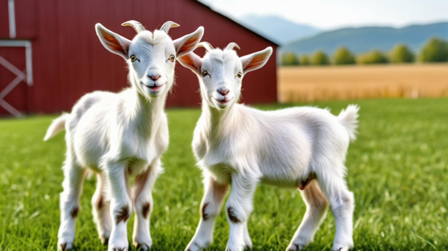 Two baby goat in field farm barn background